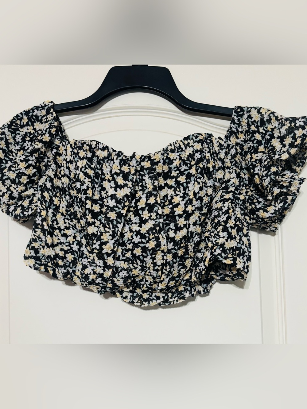 Floral Smocked Crop Top - Black with White & Yellow Flowers